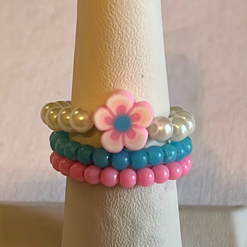 Handmade Pink & Blue Flower Beaded Ring Set, Stretchy